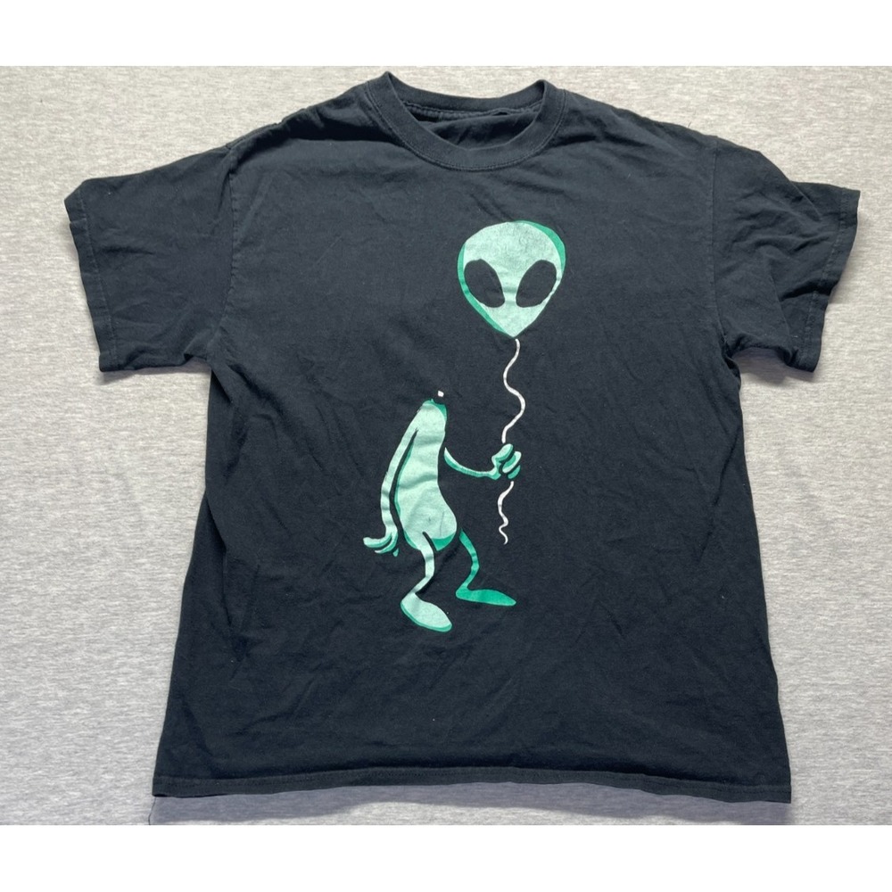 Men T Shirt Small Black Alien Balloon Head Graphic Casual Short Sleeve Crew Neck